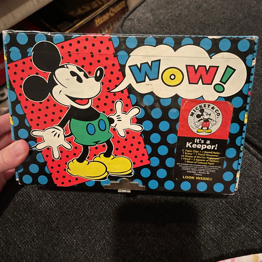 Vintage Mickey Mouse pencil case with supplies